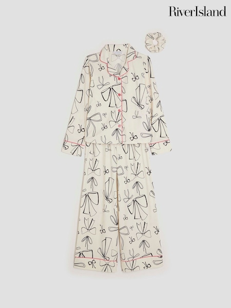 River Island White Girls Soft Touch Mono Bow Pyjamas Set (V22090) | €34