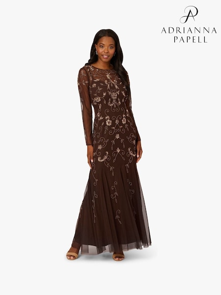 Adrianna Papell Studio Bead Long Sleeve Brown Dress (V22571) | €237