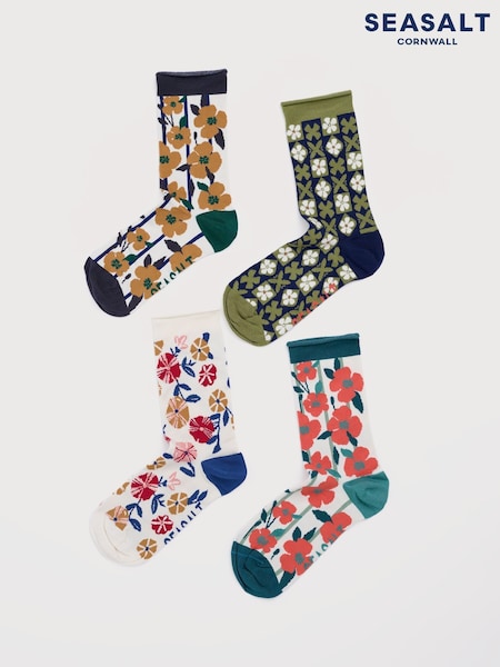 Seasalt Cornwall Green Gift Box of 4 Womens Floral Arty Socks (V22633) | €44