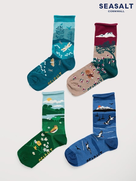 Seasalt Cornwall Green Teal Gift Box of 4 Womens Scenic Arty Socks (V22651) | €44