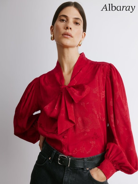 Albaray Red Jacquard Satin Tie Neck Blouse (V23053) | AED495