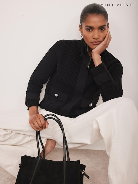 Mint Velvet Black Cotton Blend Ribbed Jacket (V23188) | AED699