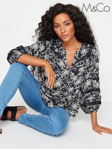 M&Co Petite Black Damask Print Lace Insert Top (V23365) | ‏90 د.إ.‏