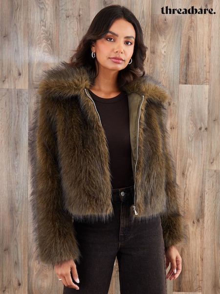 Threadbare Green Faux Fur Zip Through Coat (V23372) | €79