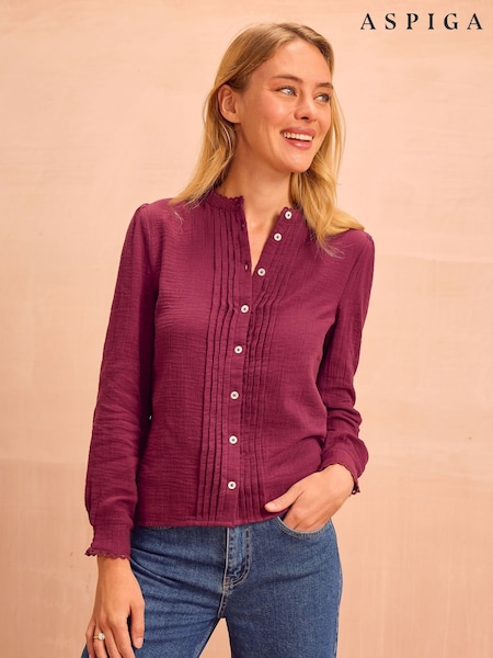 Aspiga Red Holly Pin Tuck Cotton Cheesecloth Long Sleeve Blouse (V23649) | €125