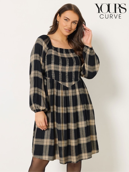 Yours Curve Charcoal Black Check Shirred V Waist Dress (V23782) | €48