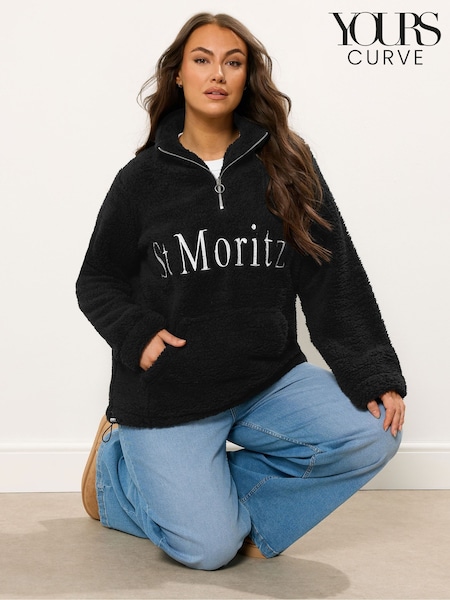 Yours Curve Black Half Zip Embroidered Sherpa Borg Fleece (V23783) | €41