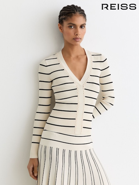 Reiss Ivory/Black Lauralee Stripe Craft-Stitch Rib-Knit Top (V23823) | AED1,008