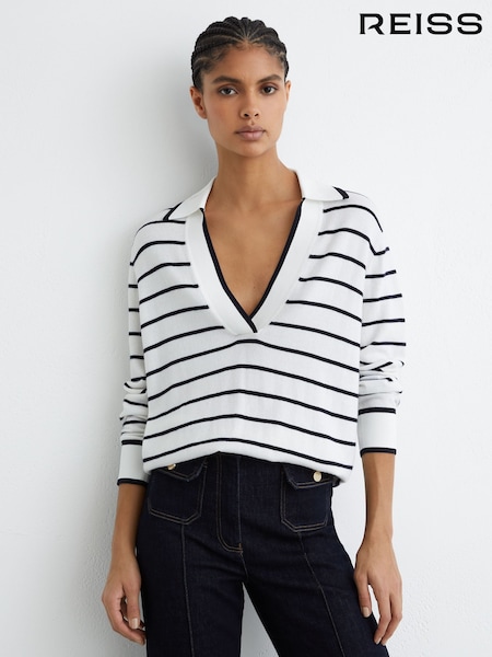 Reiss Ivory/Navy Phoebe Merino Wool-Blend Collar Stripe Jumper with Cashmere (V23835) | $240
