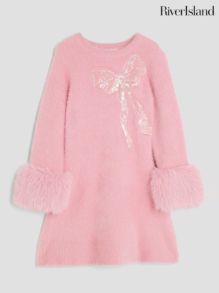 River Island Pink Girls Fur Cuff Knitted Bow Dress (V24107) | €48