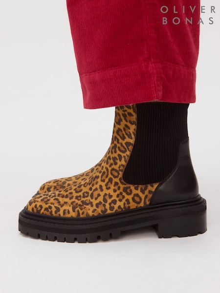 Oliver Bonas Brown Animal Print Suede Chunky Chelsea Boots (V24209) | AED757