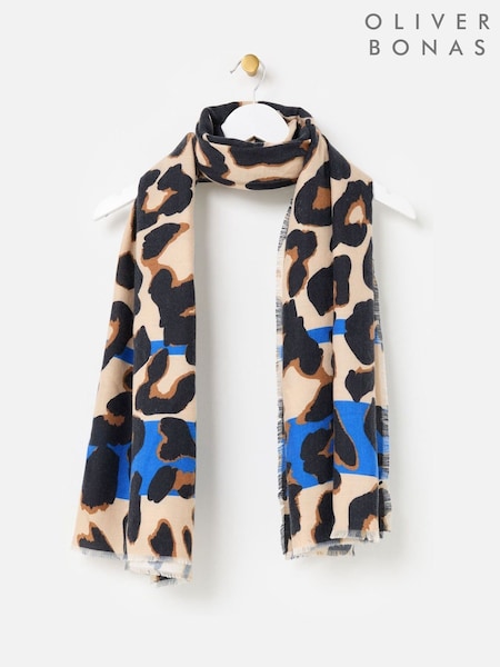 Oliver Bonas Brown Leopard Print & Blue Stripe Midweight Scarf (V24218) | 188 QAR