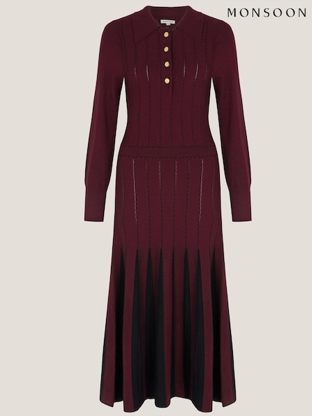 Monsoon Red Prue Knit Pleated Shirt Dress (V24365) | €108