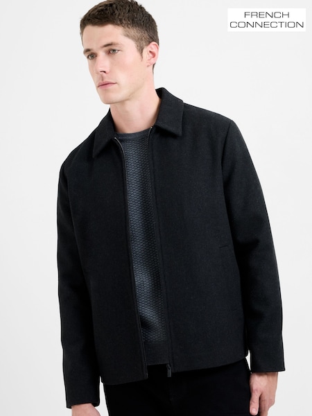 French Connection Black Wool Blend Collared Button-Up Twill Jacket (V24422) | €126