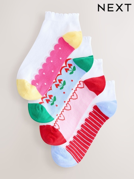 White/Cherry Heart Print Footbed Trainer Socks 4 Pack (V24498) | 51 SAR