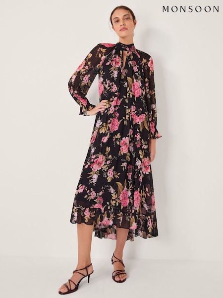 Monsoon Black Mariel Floral Print Trapeze Midi Dress (V24663) | €191