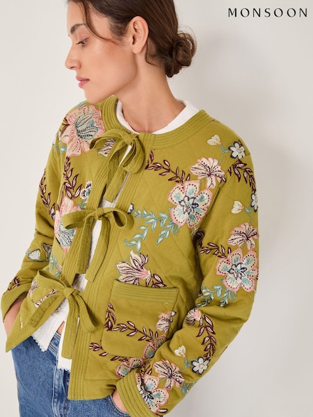 Monsoon Green Eliza Floral Quilted Jersey Jacket (V24667) | 619 QAR