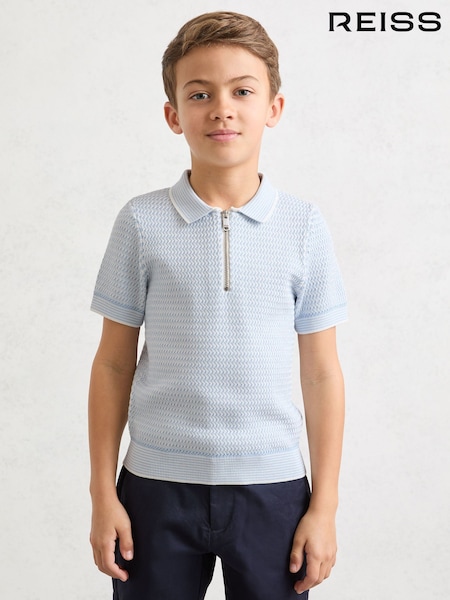 Reiss Ice Blue Brink Textured-Knit Half-Zip Polo Shirt (V24695) | AED274