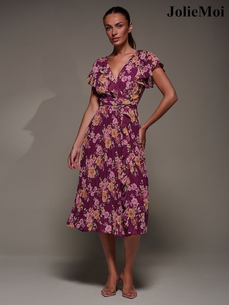 Jolie Moi Purple Printed Ruffle Detail Pleated Chiffon Midi Dress (V24837) | 337 QAR