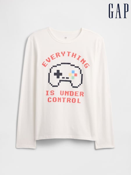 Gap White 100% Cotton Long Sleeve Graphics T-Shirt (4-13yrs) (V24867) | €12.50