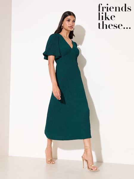 Friends Like These Green Petite Textured Jersey V-Neck Midi Dress (V25718) | AED208