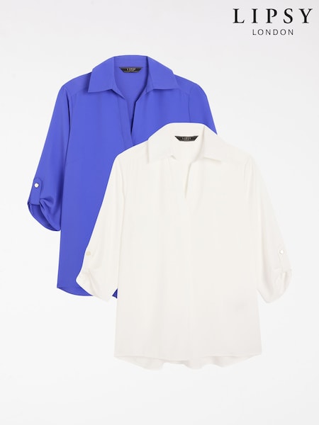 Lipsy White/Cobalt Blue V-Neck 3/4 Sleeve Collared Blouse 2 Pack (V25958) | $135