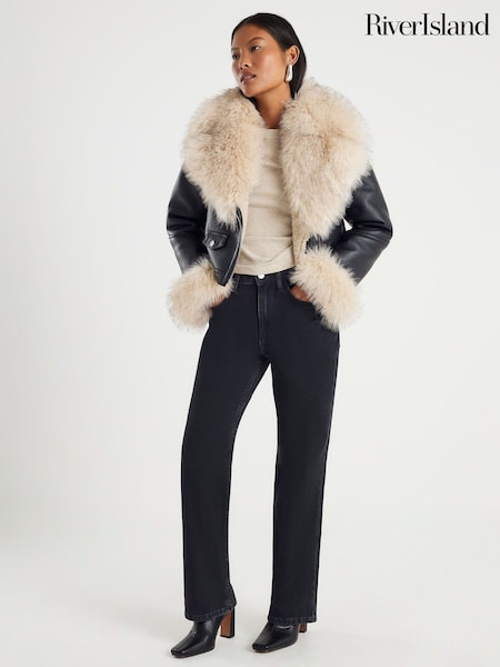 River Island Black Petite Fur Collar Cropped Biker Jacket (V26115) | €101