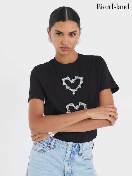 River Island Black Short Sleeve Heart Diamante T-Shirt (V26133) | AED186