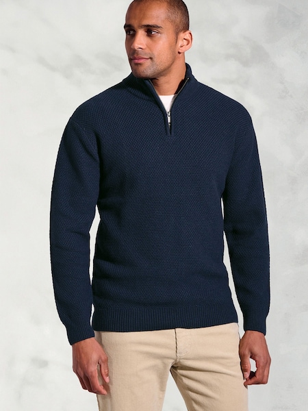 Brook Taverner Blue Textured Merino Wool Zip Neck Jumper (V26471) | €80
