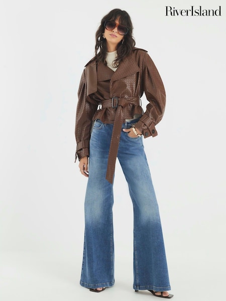 River Island Brown Woven Crop Belted Faux Leather Trench Coat (V26616) | € 92