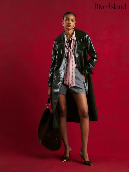 River Island Green Faux Leather Croc Print Trench Coat (V26618) | €126