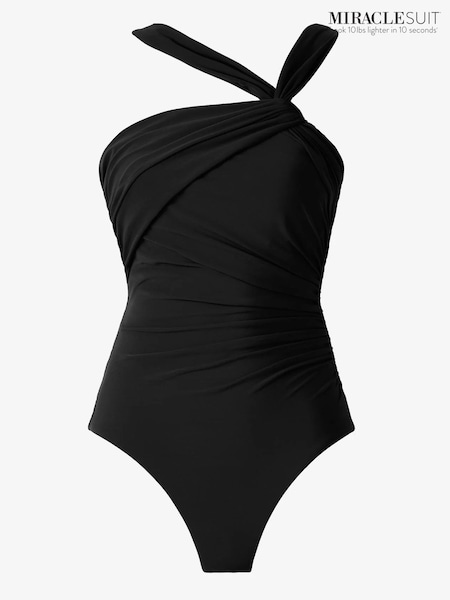 Miraclesuit Asymmetrical Halter Neckline Hidden Underwire Tummy Control Black Swimsuit (V26766) | SGD 397