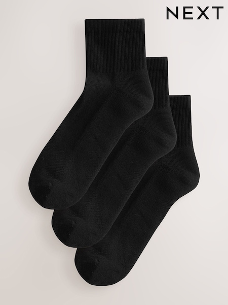 Black Cushion Sole Ribbed Sport Cropped Ankle Socks 3 Pack With Arch Support (V26769) | AED38