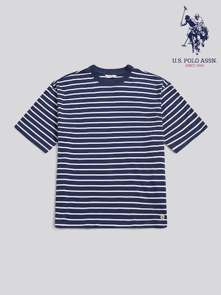 U.S. Polo Assn Blue Heavyweight Reverse Stripe Loose Crew Neck T-Shirt (V26789) | €45