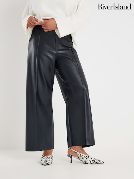 River Island Black Faux Leather Cropped Seam Detail Trousers (V27054) | €51