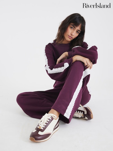 River Island Red Lace Trim Wide Leg Joggers (V27063) | €50