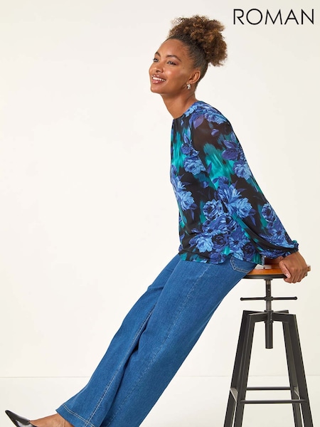 Roman Blue Floral Mesh Top (V27089) | AED291