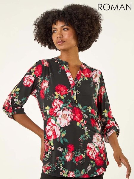 Roman Red Floral Print Stretch Shirt (V27121) | €53