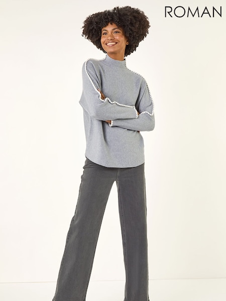 Roman Grey Hotfix Blanket Stitch Knit Jumper (V27129) | 247 QAR