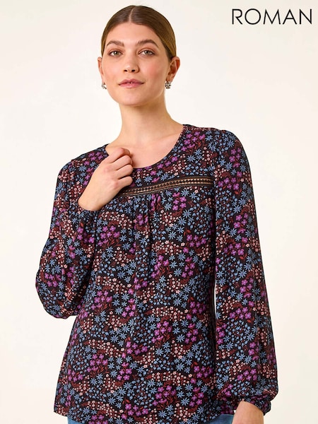 Roman Purple Floral Print Trim Stretch Blouse (V27132) | €48