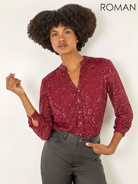 Roman Red Sequin Sparkle Stretch Jersey Blouse (V27137) | €63