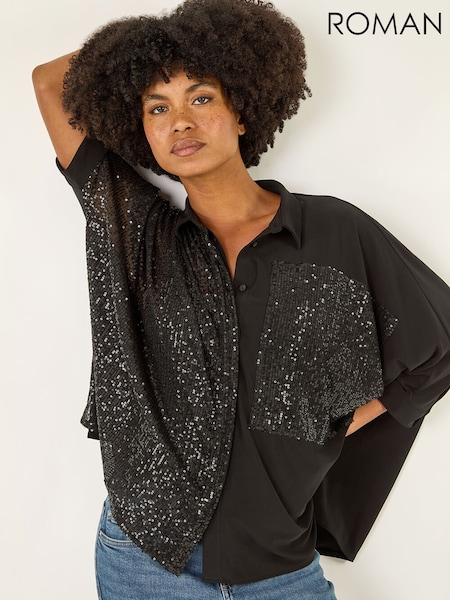 Roman Black Sequin Buttoned Blouse (V27153) | AED349