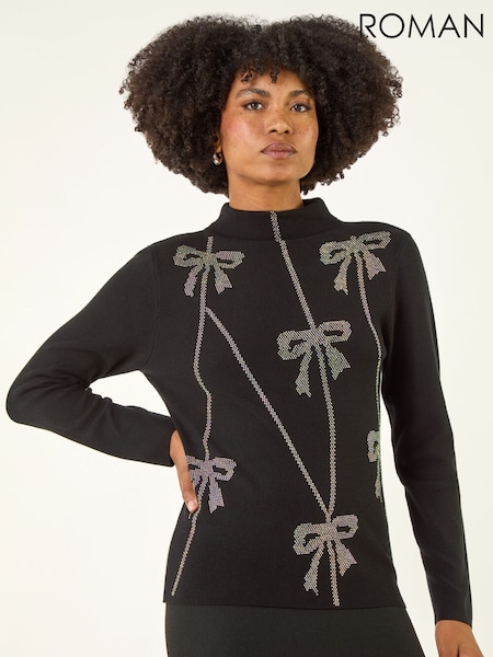 Roman Black Diamante Bow High Neck Knit Jumper (V27371) | €60