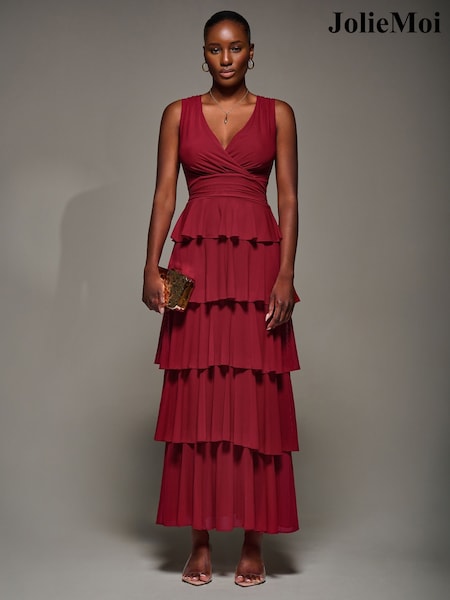Jolie Moi Red Tiered Mesh Maxi Dress (V27616) | 322 QAR