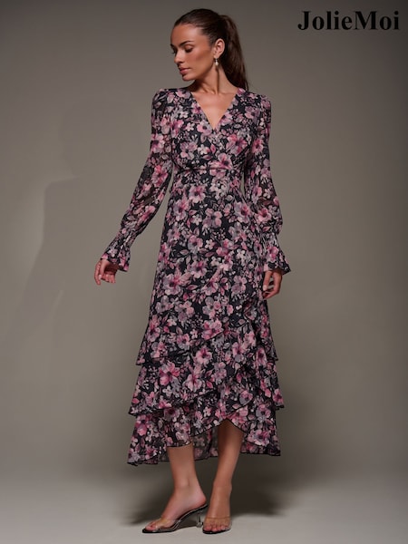 Jolie Moi Pink Long Sleeve Ruffle Hem Mesh Maxi Dress (V27618) | 421 QAR