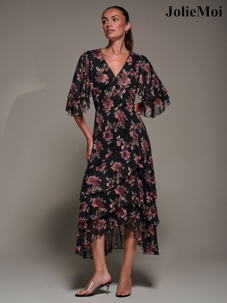Jolie Moi Black Frill Trim Mesh Maxi Dress (V27634) | €117