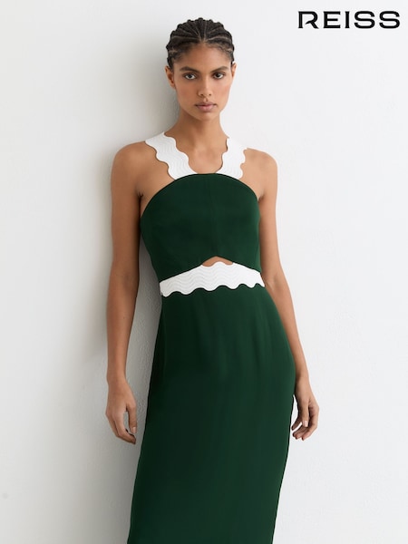 Reiss Dark Green/Ivory Dillon Contrast Wave-Trim Fitted Midi Dress (V27806) | AED1,426
