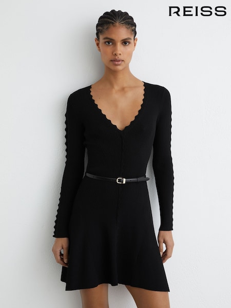 Reiss Black Orla Scallop-Trim Knitted Mini Dress (V27810) | €205
