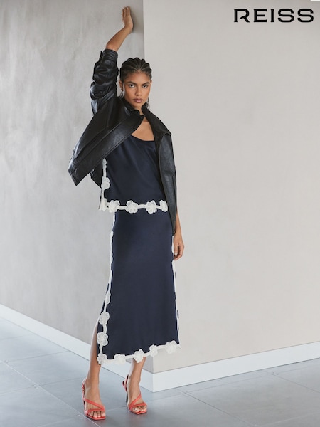 Reiss Navy Doa Satin Floral-Lace Trim Midi Skirt (V27811) | AED1,296