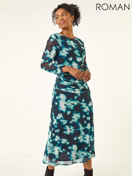 Roman Blue Petite Print Mesh Ruched Midi Dress (V27918) | R$ 580